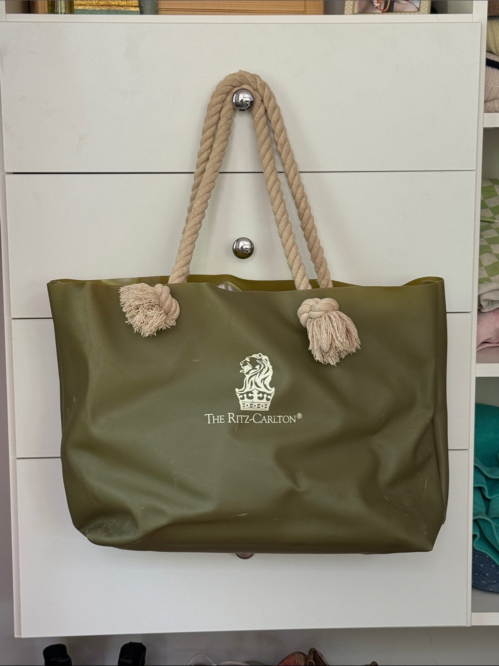 Ritz-Carlton plastic Olive Green Tote Bag with Rope Handles